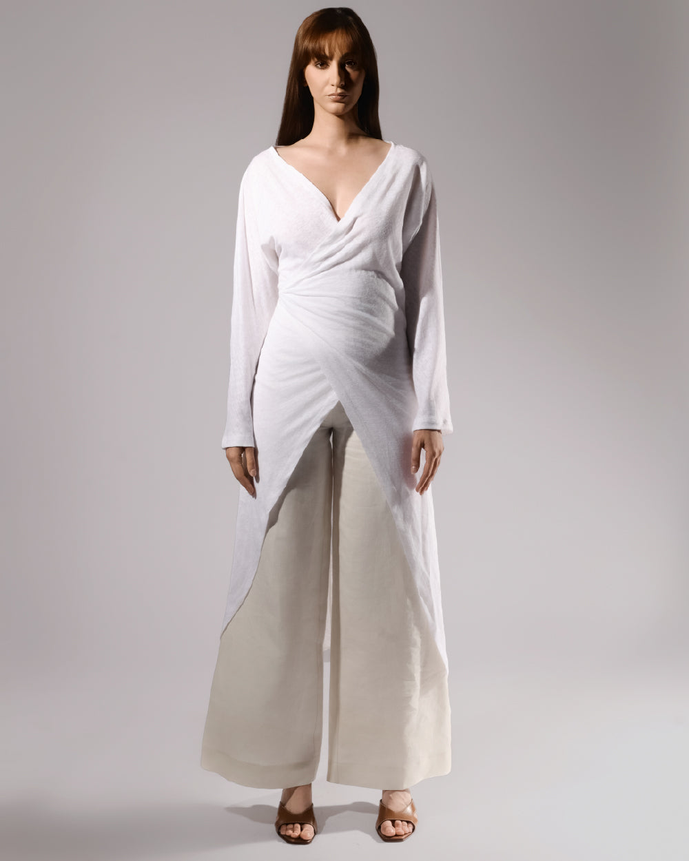 ALISADUDAJ white linen draped wrap tunic and cream wide-leg trouser set, front view, full length