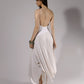 ALISADUDAJ white linen strappy maxi dress, back view showing open back with crossed thin straps