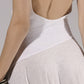 ALISADUDAJ white linen strappy maxi dress, close-up of bodice seam and skirt drape, linen