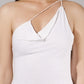 ALISADUDAJ white linen strappy maxi dress, close-up of draped cowl neckline and shoulder strap