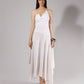 ALISADUDAJ white linen strappy maxi dress, front view, full length, showing asymmetric cowl neckline and handkerchief hem