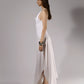 ALISADUDAJ white linen strappy maxi dress, side profile showing fitted bodice and flared skirt