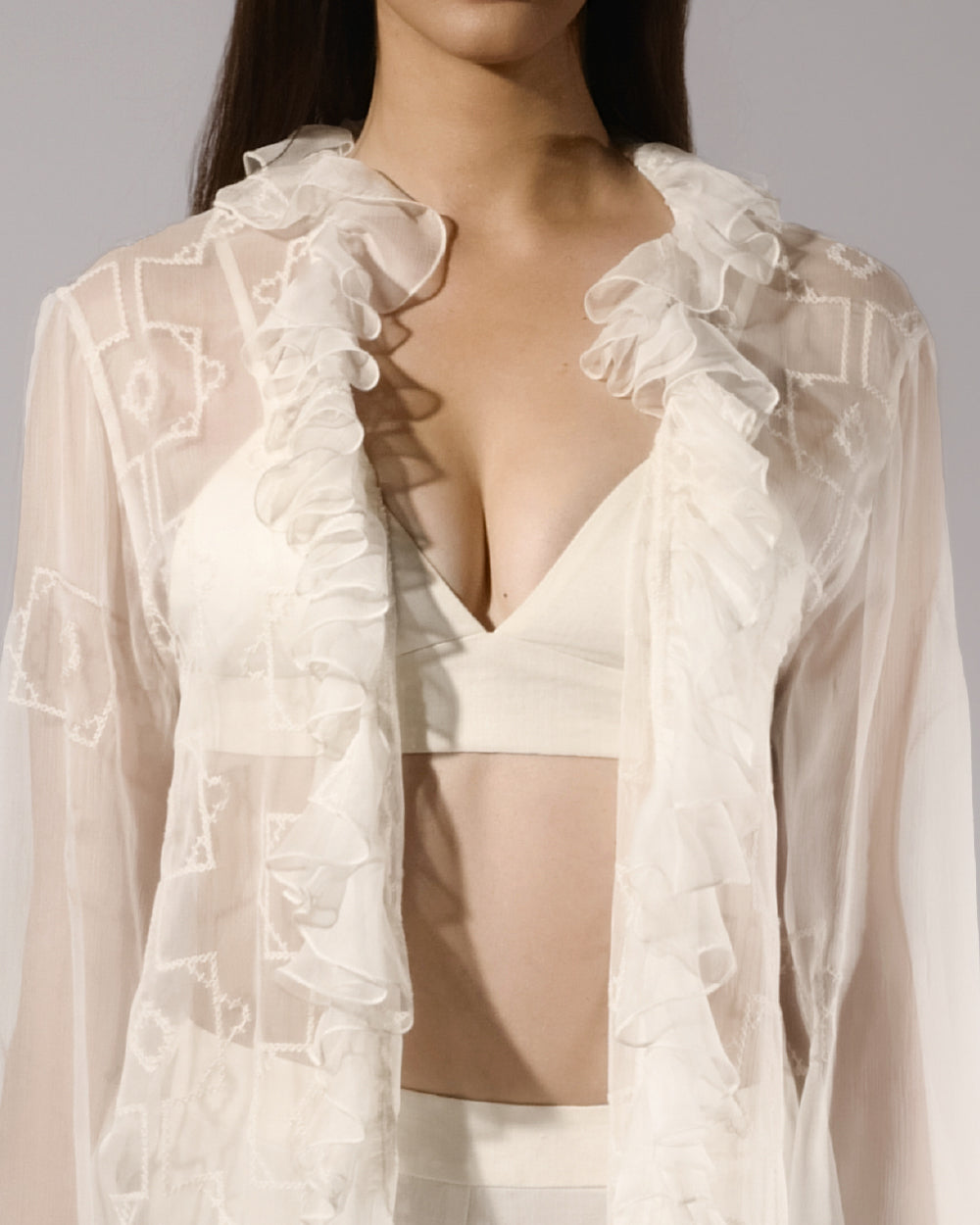 ALISADUDAJ white sheer silk three-piece set, close-up of ruffled duster front and linen bralette top