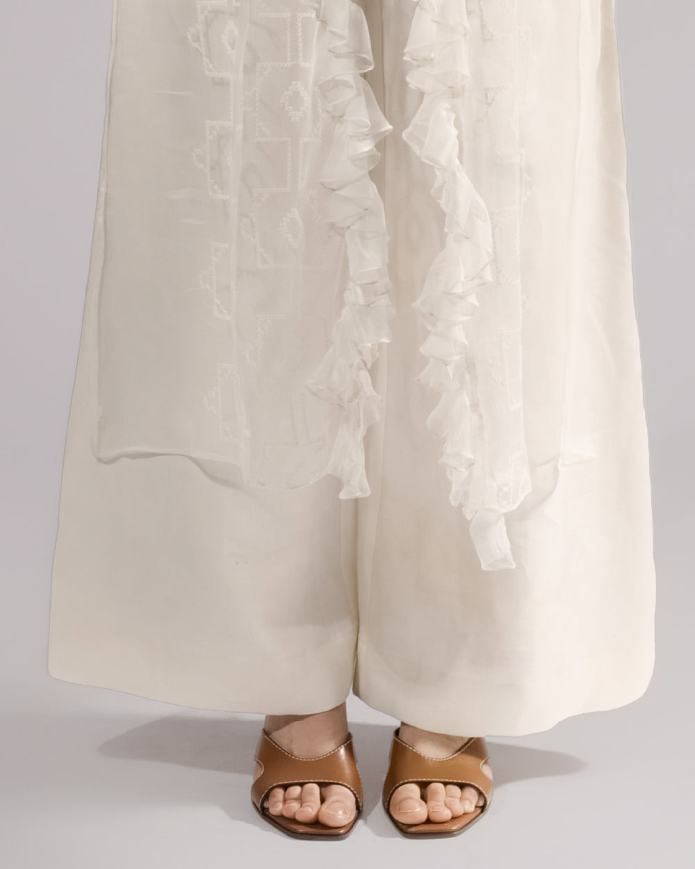 ALISADUDAJ white sheer silk duster, close-up of ruffled trim and embroidered squares over linen trousers