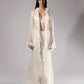 ALISADUDAJ white sheer silk ruffled duster, bralette top and linen wide-leg trouser set, front view, full length