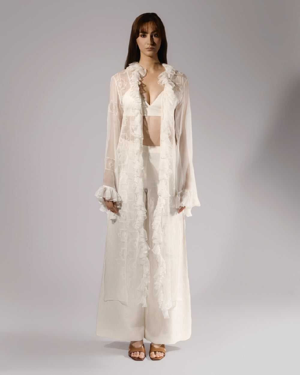 ALISADUDAJ white sheer silk ruffled duster, bralette top and linen wide-leg trouser set, front view, full length